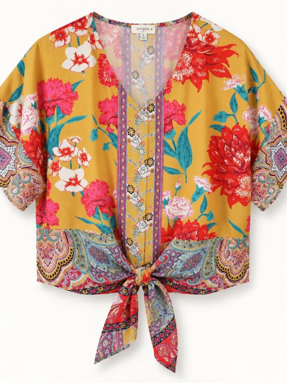 Umgee USA 1X Mustard Floral Paisley Boho Tie Front Kimono Blouse Top